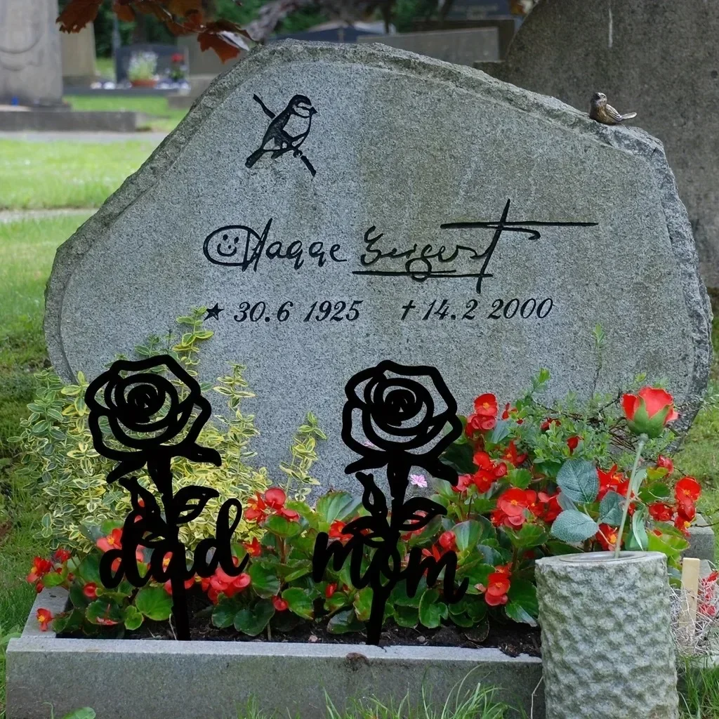 Rose Shaped Memorial Stake Grave Decoration, Outdoor Yard Tombstone Plaque Stake Marker Sympathy Garden Stake Waterproof Grave H