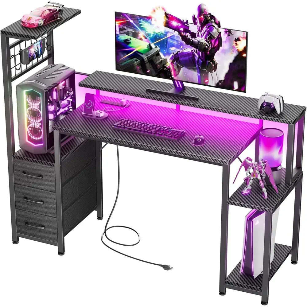 

48 Inch Gaming Desk with LED Lights & Power Outlets,Computer Desk with abric Ders & Side Hook,Reversible Gamer Table with Monito