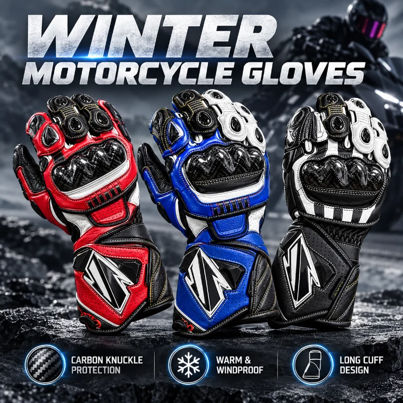 Men Winter Motorcycle Gloves Carbon Fiber Protective Leather Riding Gloves Warm Windproof Long Cuff Motorbike Gloves