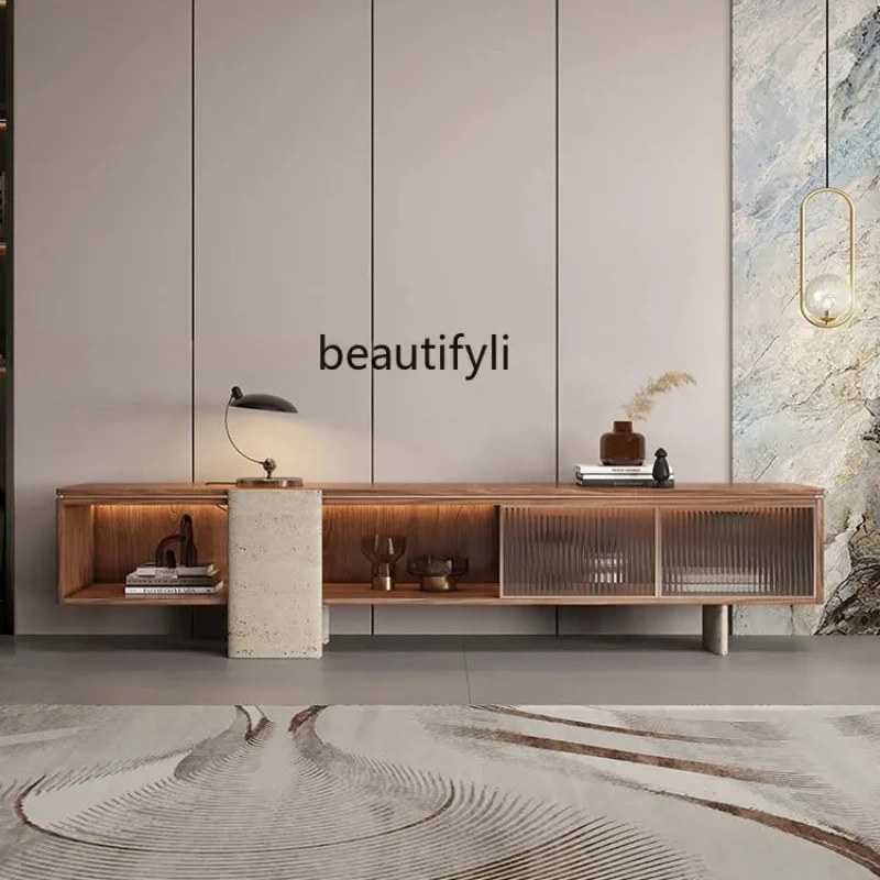 

Italian minimalist walnut TV cabinet high light luxury marble TV cabinet living room