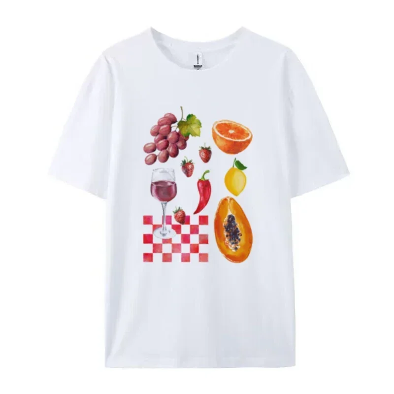 Vintage Cute Fruit Wine Printed Graphic Tees Women Oversized Y2k Aesthetic Foodie T-Shirts Grunge Streetwear Top Female Clothing