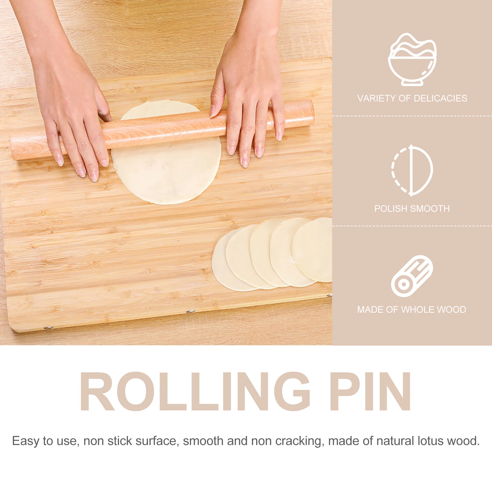 

Rolling Pin Natural Lotus Wood Hand Polished Smooth For Dumpling Skin Noodle Bread Making Dough Roller Baking Tool