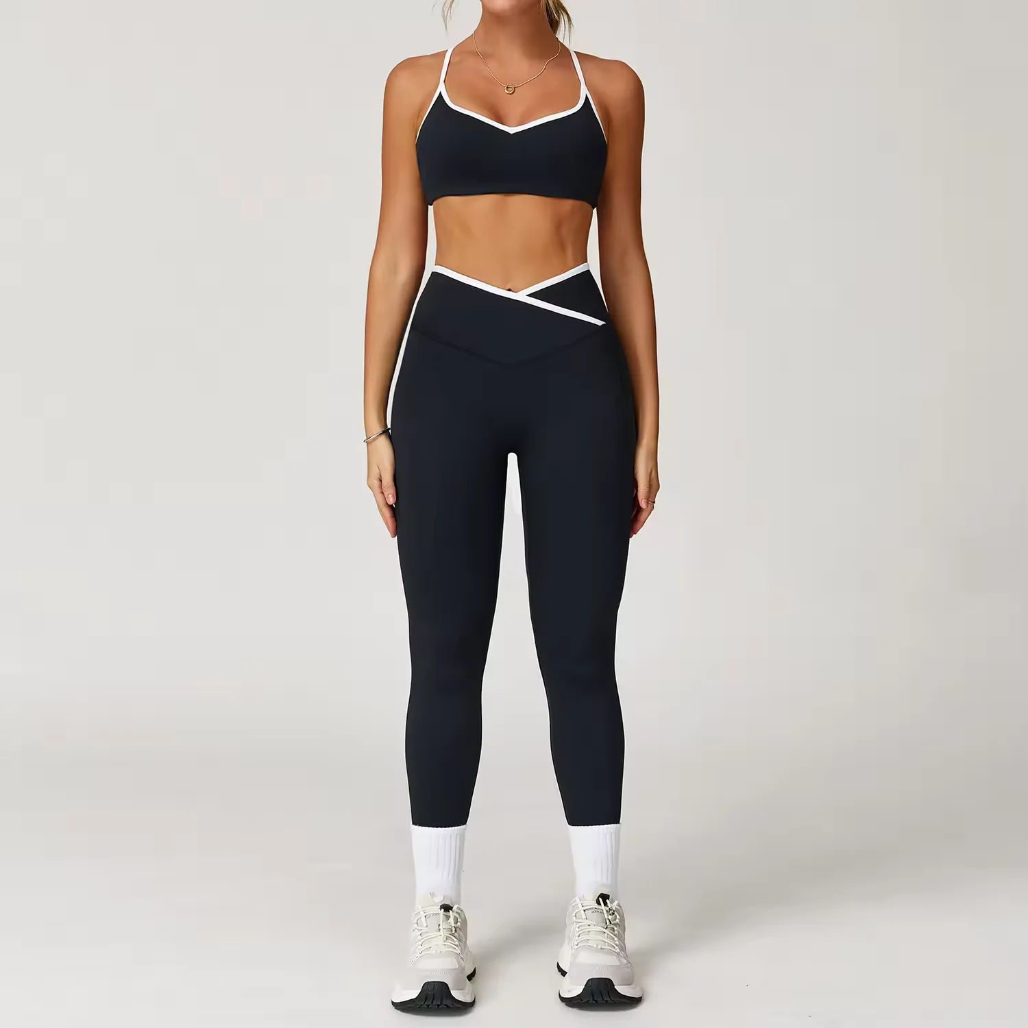 Women's High-Rise Stretchy Yoga Leggings Bra Set V Cut Butt Lift Adjustable Straps Breathable Solid Pattern Length