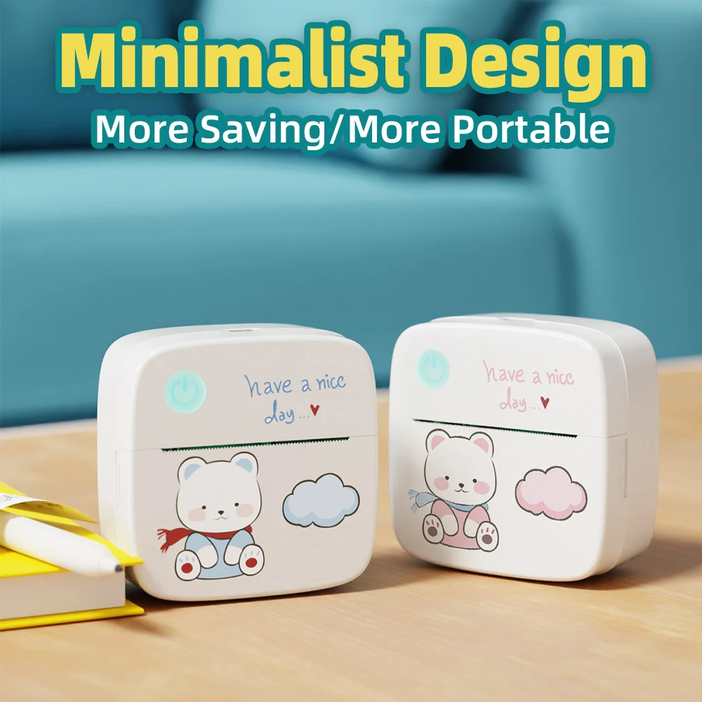 Portable Cute Bear Mini Label Printer Inkless Bluetooth Wireless Thermal Printer Sticker Note Photo Printing Portable Printer