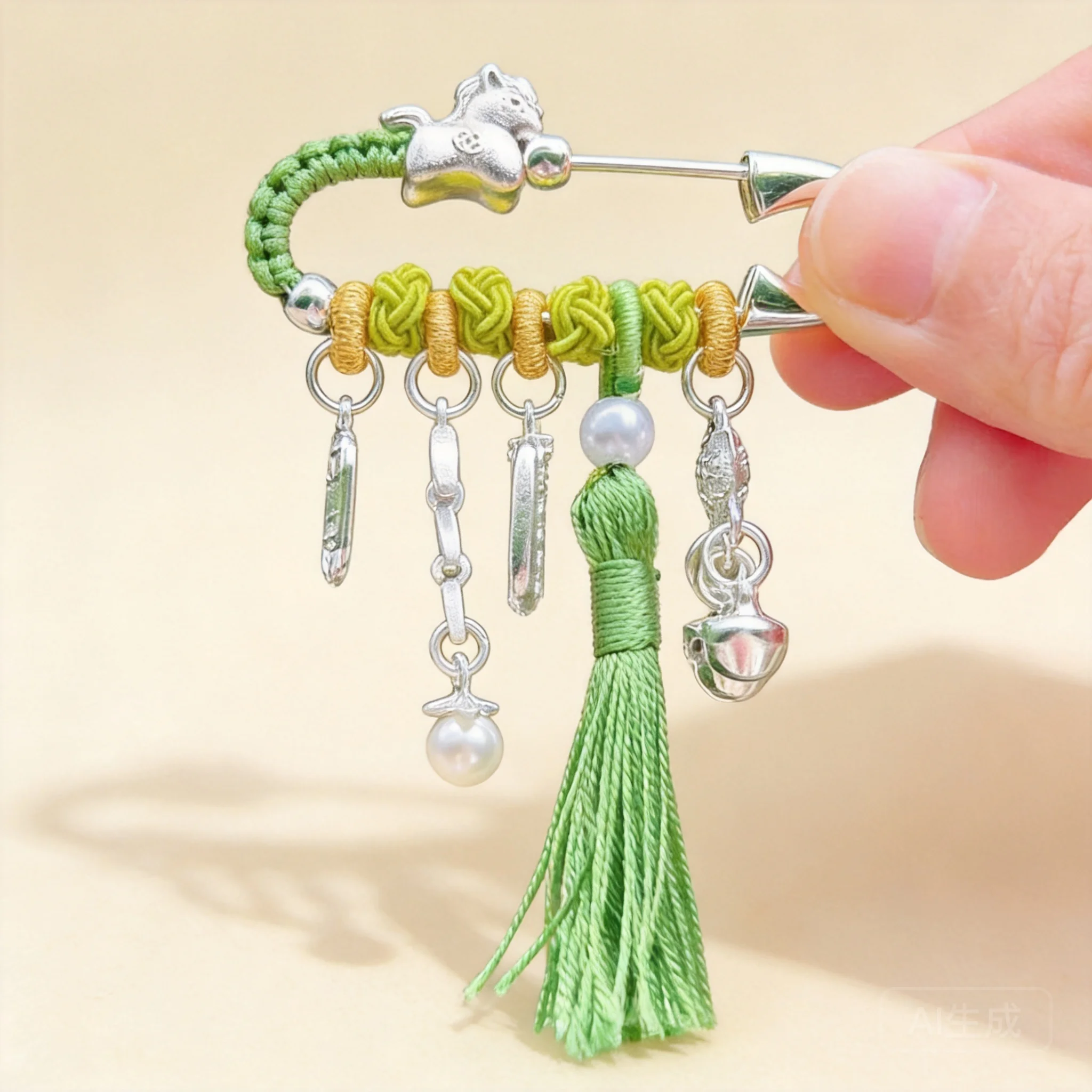 Traditional Chinese Style Auspicious Lucky Silver Horse Brooch Handmade Woven Green Tassel Good Luck Blessing Safety Brooch For