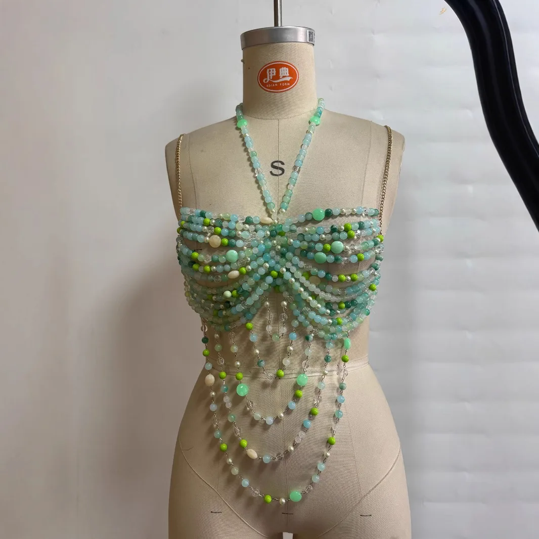 

Women's chest chain pearl top small vest gemstone beaded cover-up handmade halter necklace trendy hot girl outer top