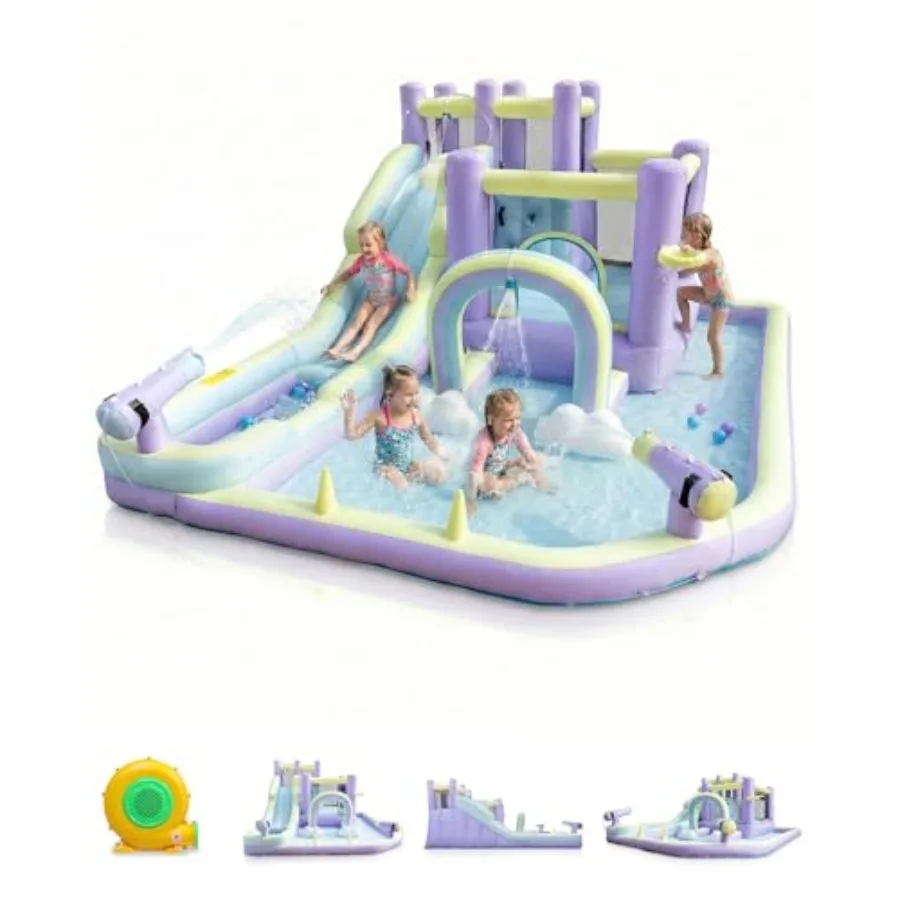 

Inflatable Bounce House with Rainbow Arch Outdoor Bouncy Castle W/Long Water Slide 750W Blower Pitching Game Basketball Rim for