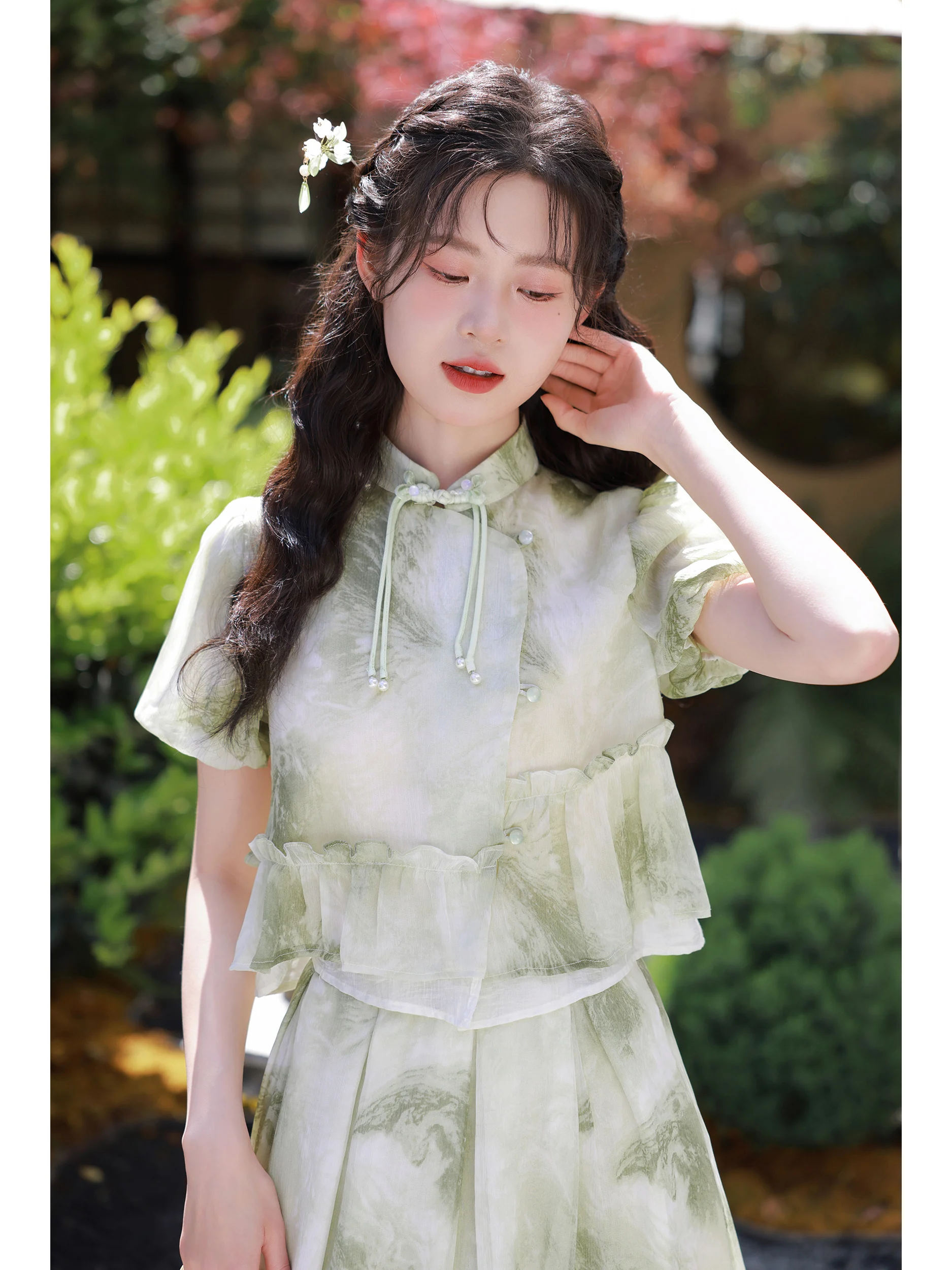 

Lingjiu New Chinese Sle Women's Faion Set ort Sve Sweet Sle Polyester Fiber Button Closure Two-Piece Suit for Teens