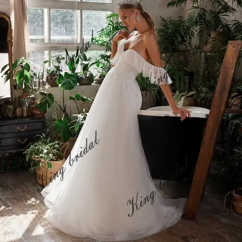 Beaded Bridal Gown Custom Wedding Dress Crystal Embroidered Wedding Gown A-line Tulle Off the Shoulders Wedding Dresses