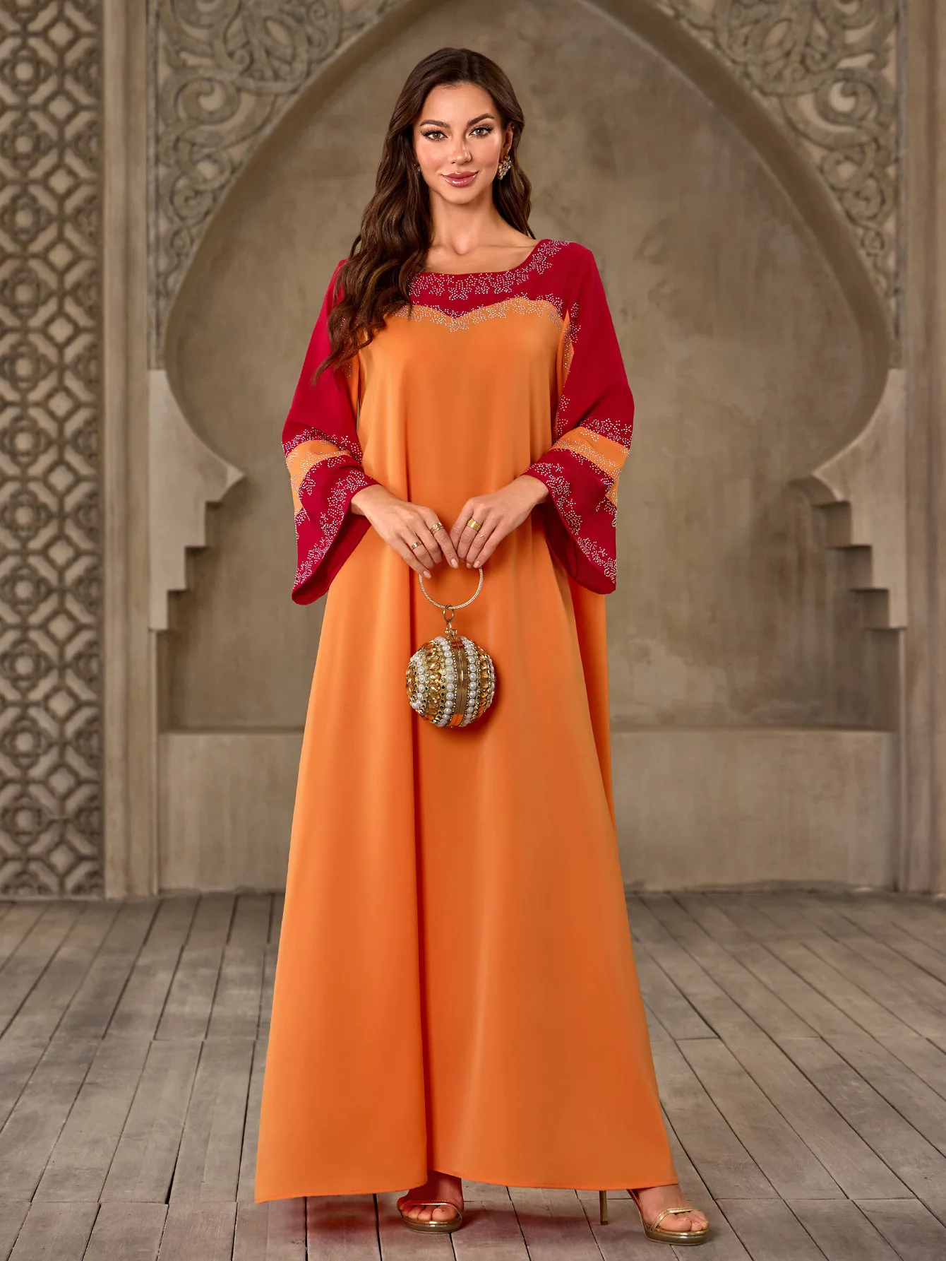 ผู้หญิงมุสลิมเพชร Flare Sleeve Maxi ชุด Abayas ดูไบตุรกี Kaftan Ramadan Jalabiya Caftan ชุด Musulmane Femme Vestido