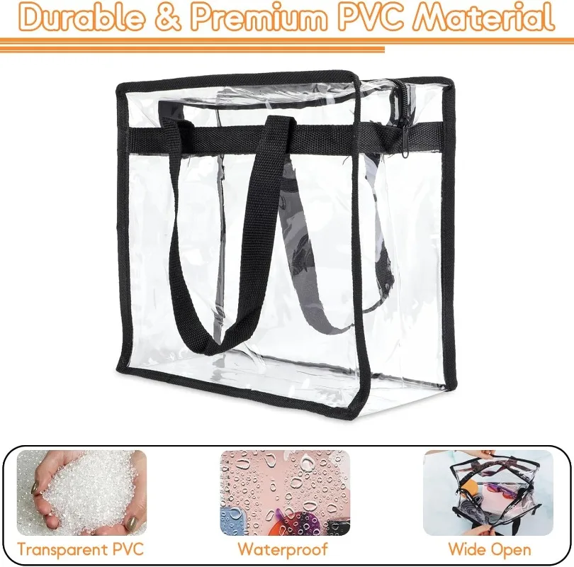 Clear Bag for Stadium Events Approved, 12x6x12 Large Transparent Tote Bag with Zipper, PVC Clear Bag Stadium Approved