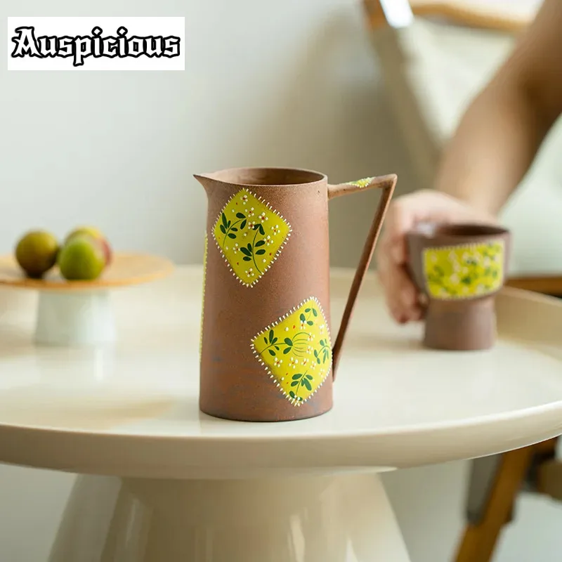 

450ml Pure Hand-painted Chrysanthemum Teapot Old Rock Clay High Body Making Tea Pot Chinese Rough Pottery Brewing Coffee Kettle