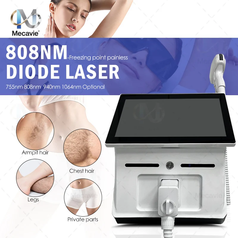 Máquina de depilación láser de diodo portátil de alta calidad de 808 nm con sistema de enfriamiento por punto de congelación, dispositivo depilador permanente indoloro para todo el cuerpo con certificación CE para uso en salones de belleza y en el hogar, multi-longitud de onda 755/808/940/1064 nm, compatible con todo tipo de piel y cabello.