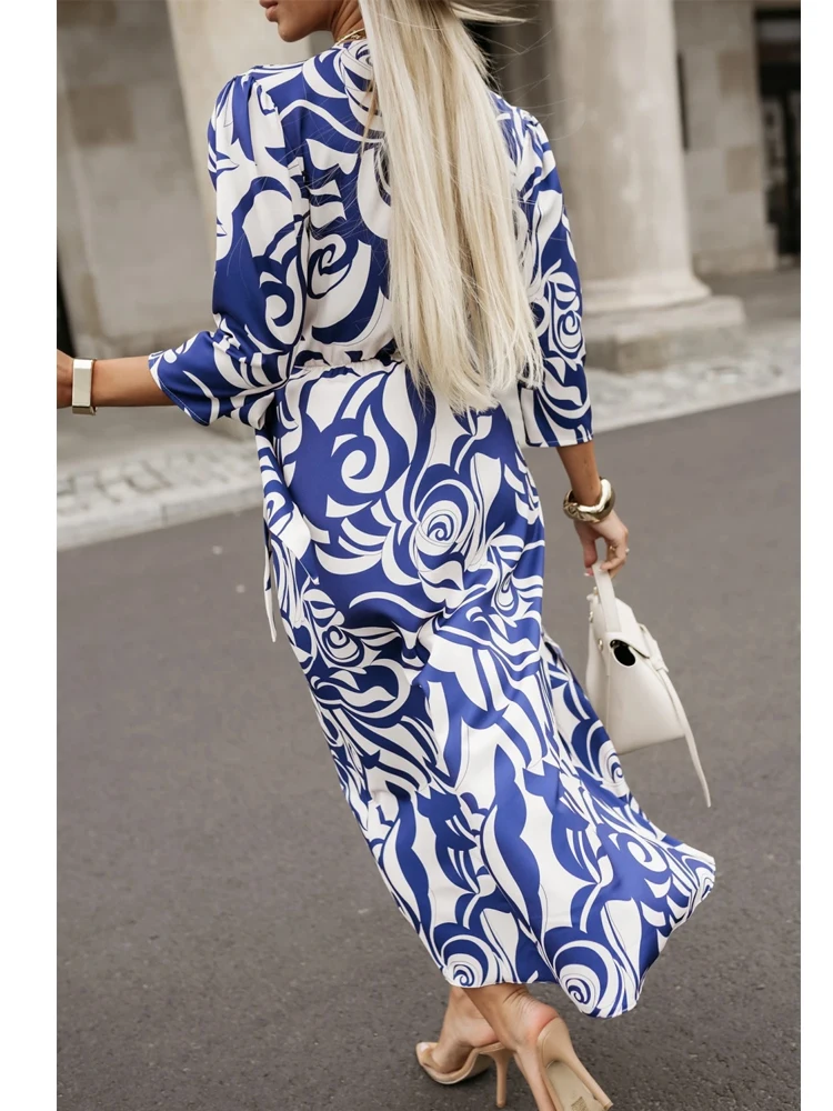 Abito lungo stampato moda autunnale Abito elegante in vita aderente con spalline Abito casual con scollo a V a maniche lunghe Abbigliamento da donna da ufficio