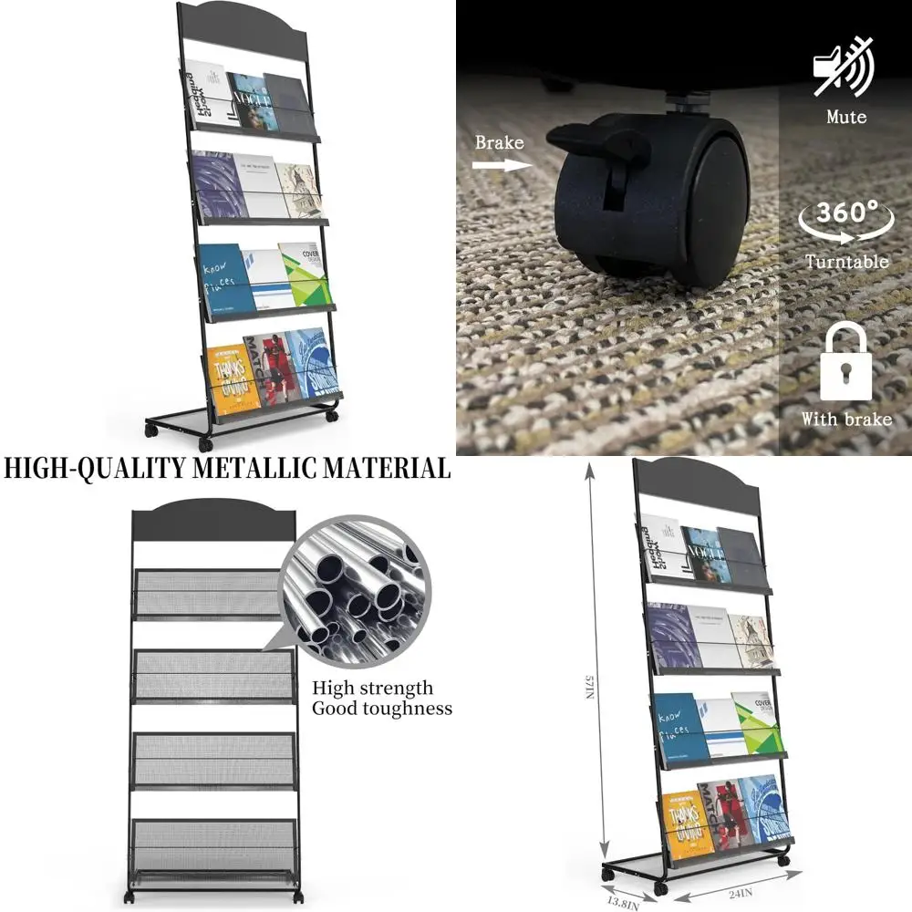 4-Tier Rolling Magazine Rack with Semi-Arched Top for Brochure Displays - Durable Metal Stand for Exhibitions