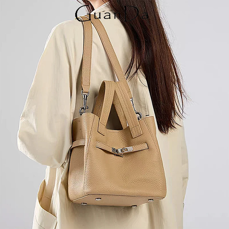 

Genuine Leather Luxury Handbag For Woman Cowhide Fashion Lady Cross-body Bag Party Commuting Business Bucket Bag With Pouch