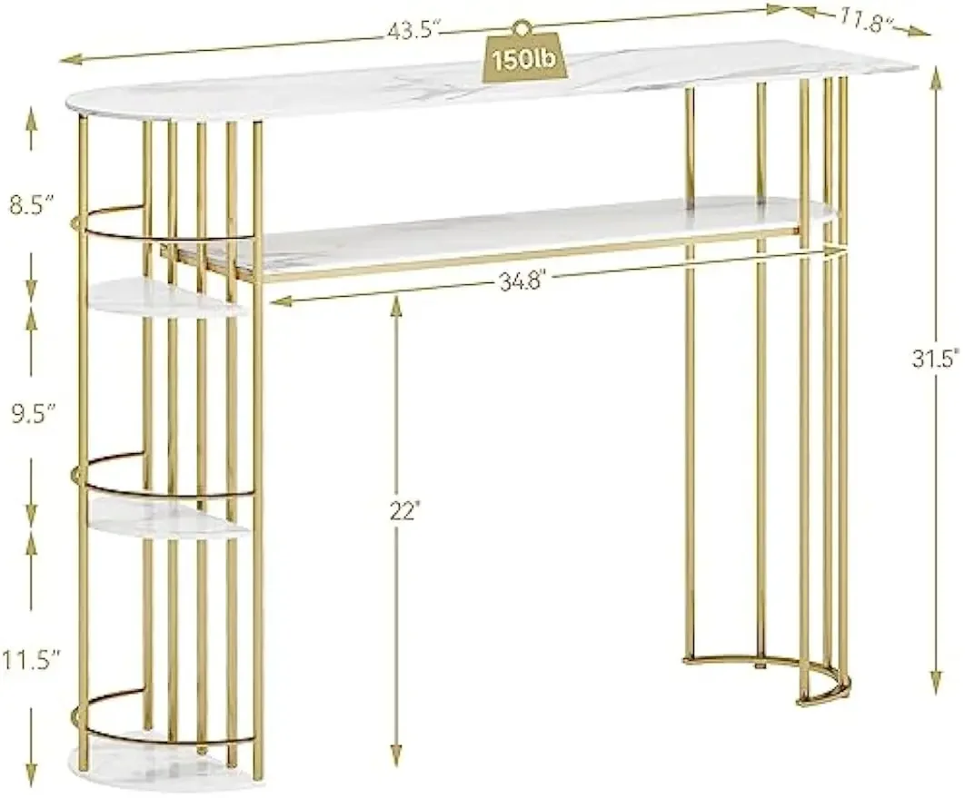 Console Table Gold Sofa Tables Narrow Entryway Table with Storage and Shelves, 43.5” Behind Couch Table Modern Furniture