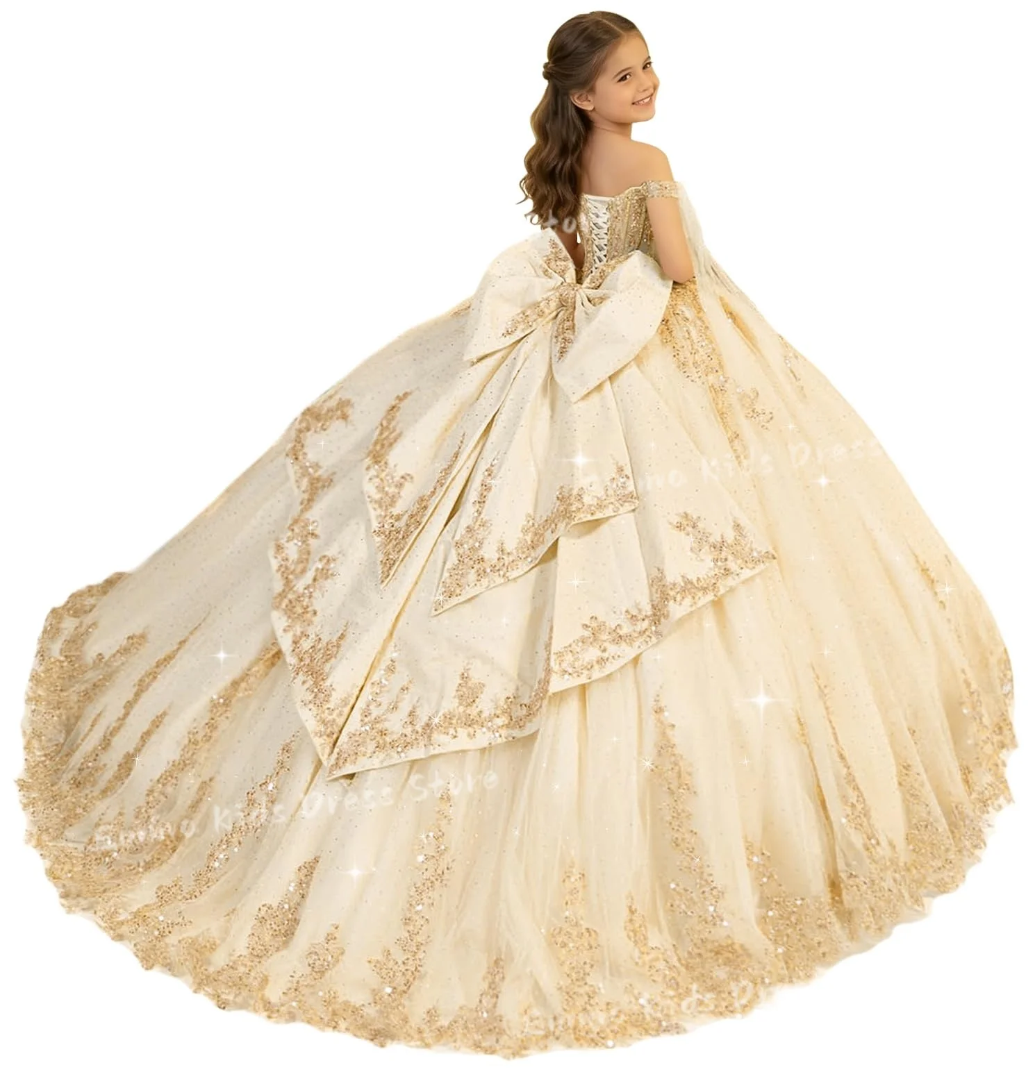 

Custom sequin applique flower girl dress, gold lace pageant dress, girl’s bow off-shoulder First Communion dress