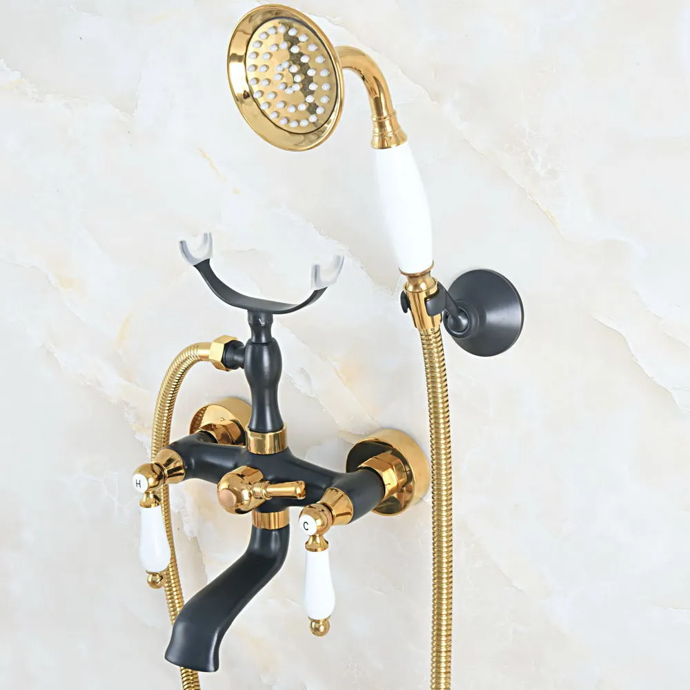 Oil Rubbed & Gold Brass Two Handle Wall Mounted Bathroom Bath Tub Faucet Set with 150CM Hand Held Shower Spray Mixer Tap 2na567