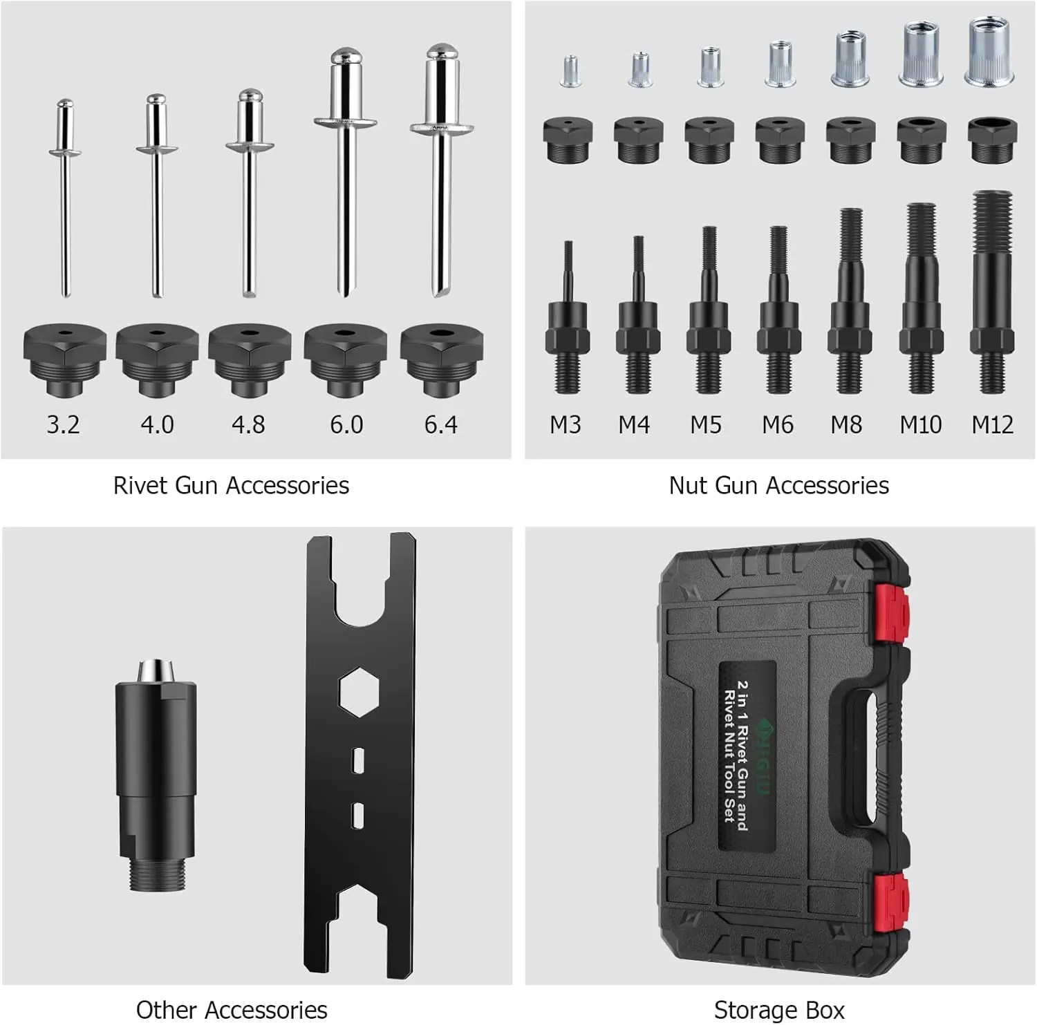 JiGiU 2-in-1 Rivet Nut Tool, 7 Mandrels, 5 Nozzles, 110 Nuts, 50 Rivets.