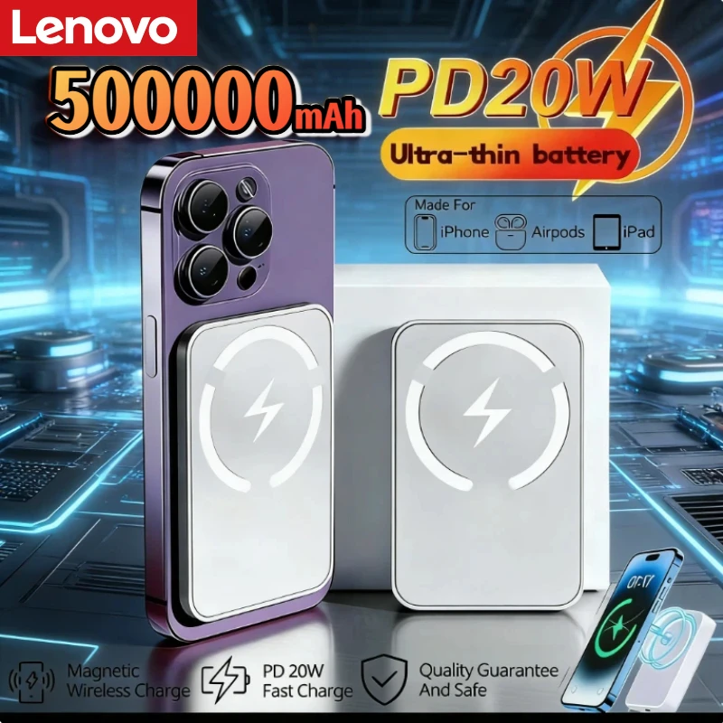 Batería Externa Magnética Lenovo de 50000mAh para Cargador Inalámbrico Magsafe, Carga Rápida, Batería de Repuesto para Android y iPhone