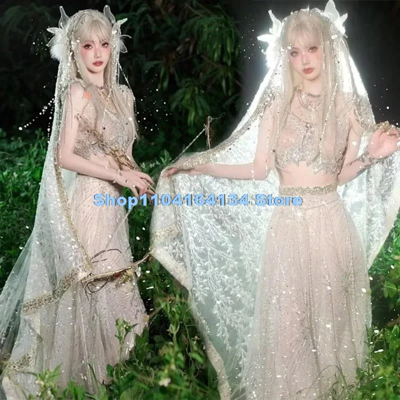 Halloween Cosplay Forest Elf Flower Play Costume for Women Clothes White Winged Dress Anime Stage Performence Show Garment