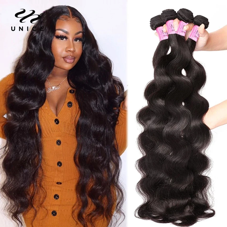 

UNice Hair 30 inch Body Wave Bundles Peruvian Hair Bundles 100% Human Hair Extension Virgin Hair Weave Natural Color 1/3/4 Piece