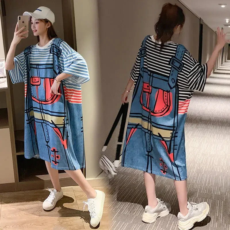 Spring Korean Version Early Sleeve Loose Fat Size 100kg Pajamas Female Long Dress Cartoon Home Nightdress Summer Nightgown