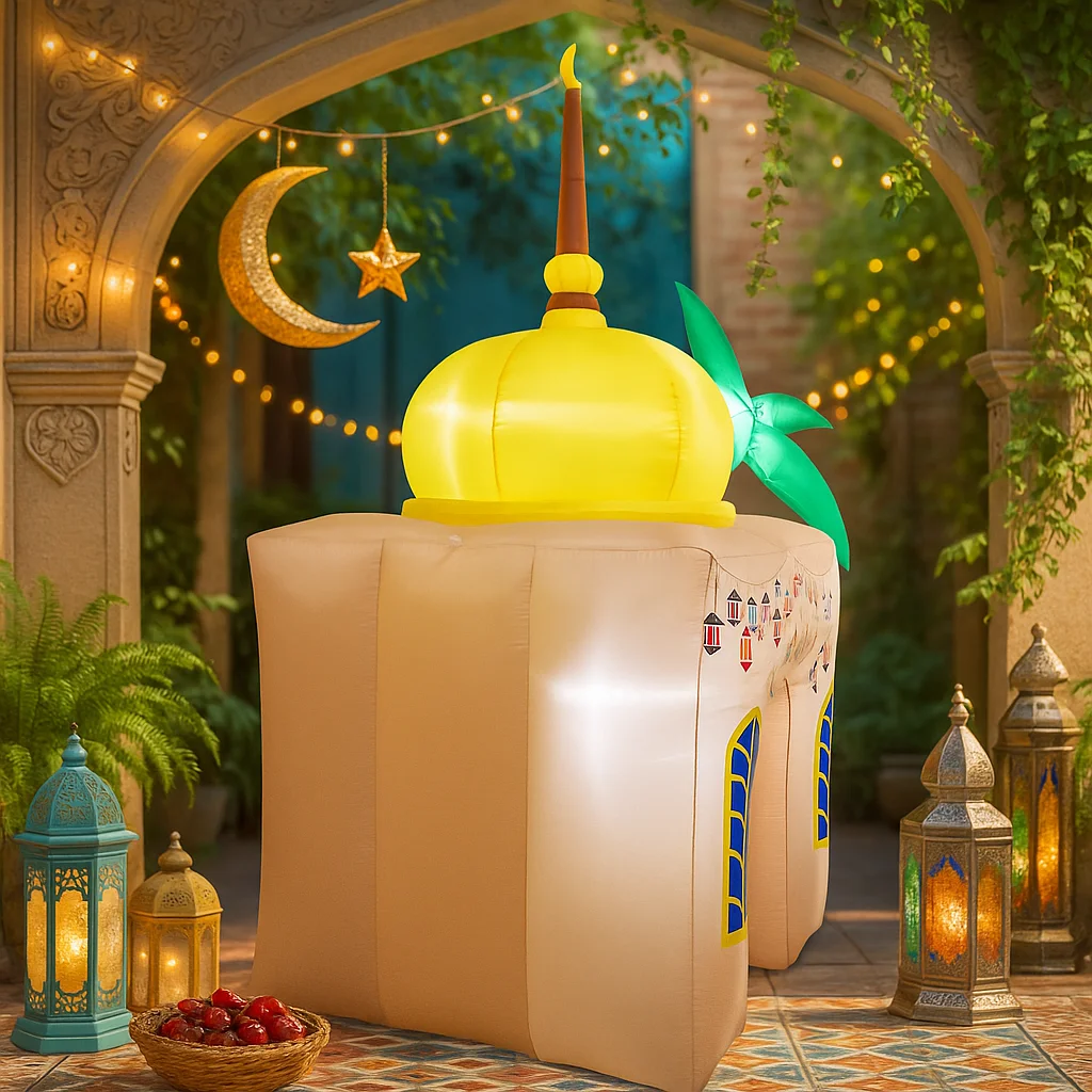 Jouet gonflable de 7,8 pieds, décor de mosquée gonflable du Ramadan, texte du Ramadan Kareem, dôme jaune, palmier vert, gonflable islamique du Ramadan