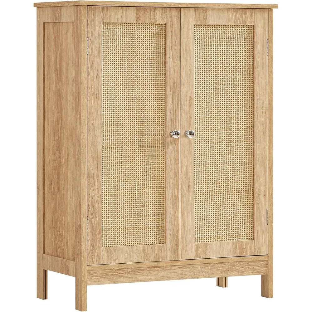 

Iwell Storage Cabinet with Rattan Doors, Bathroom Storage Cabinet with Adjustable Shelf, Floor Cabinet for Living Room