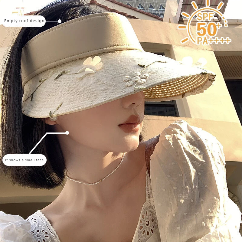 Chinese Style Sweet Solid Blossoms Embroidery Straw Empty Caps Woman Summertime Large Brim Sand Beach Holiday Sun Hats