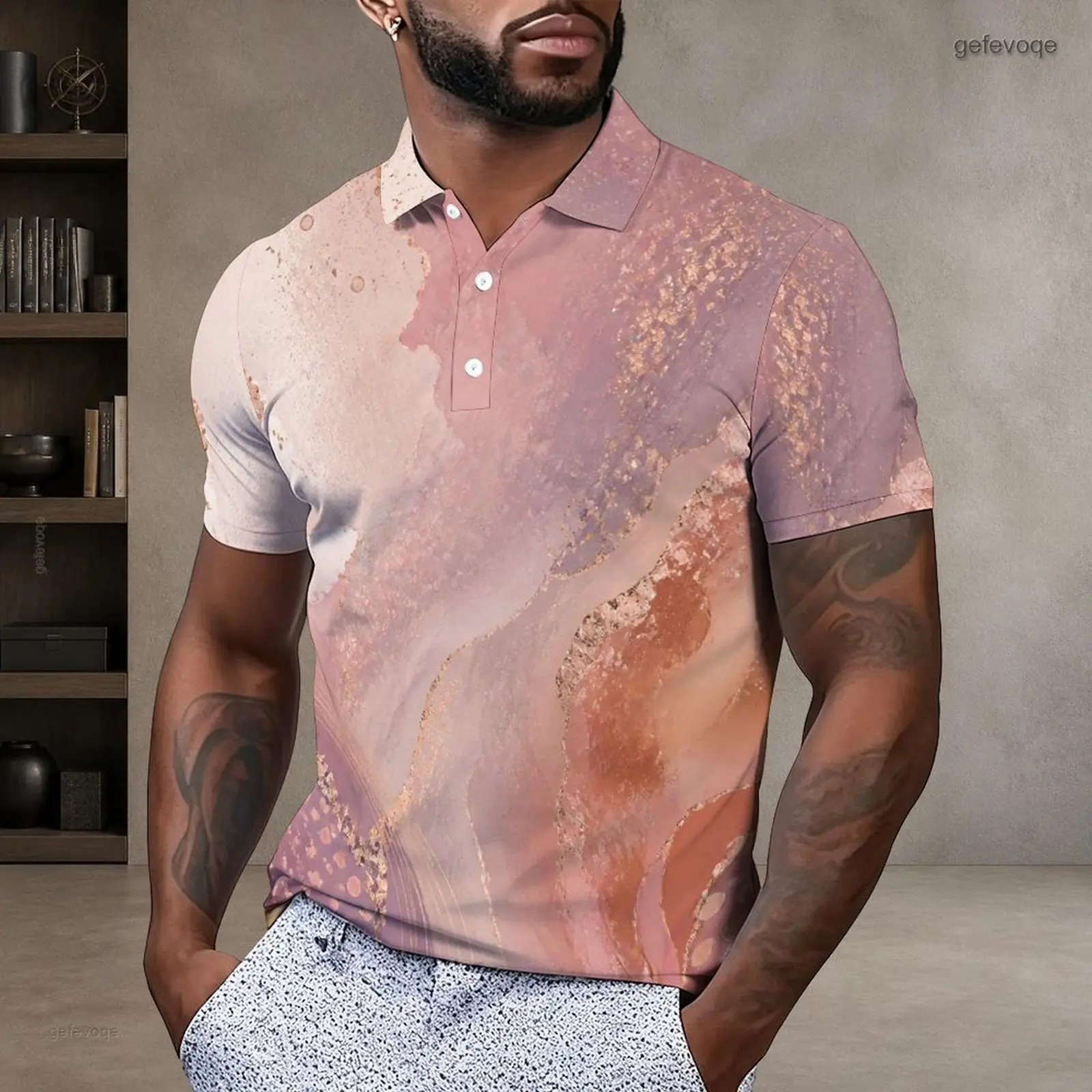 Men Polo Shirt with Print Short Sleeve Collared Neck Button Placket