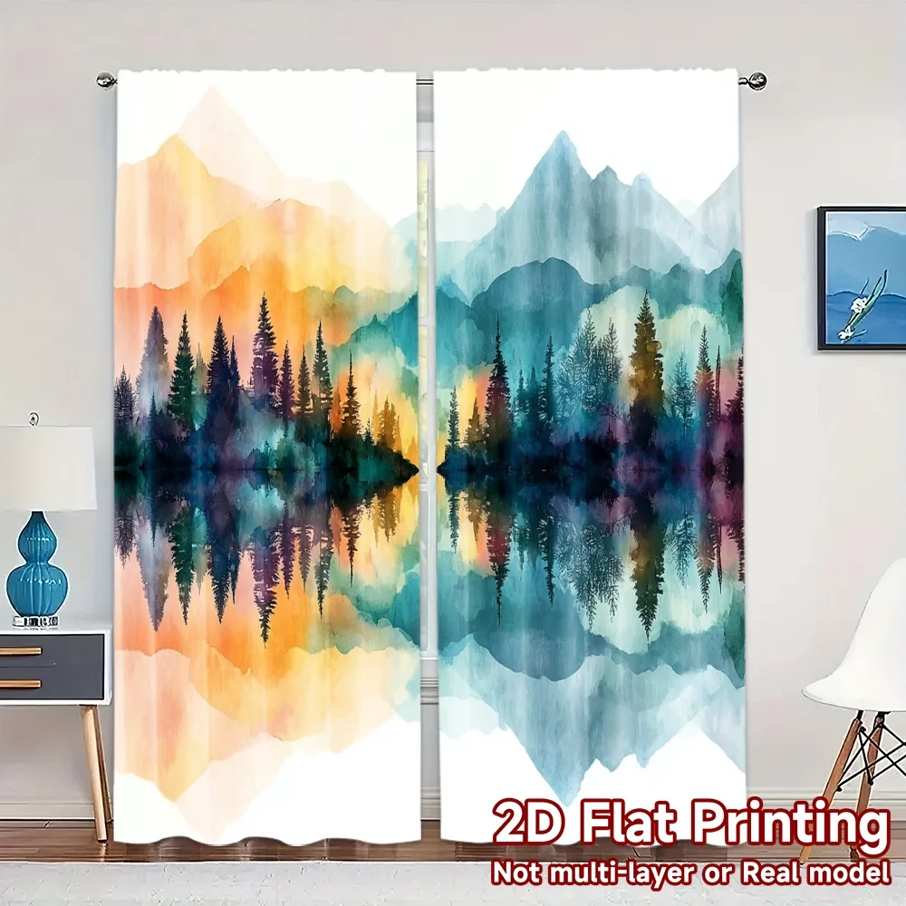 2pcs, 2D FLAT PRINTING Curtains (Without Rod) Twilight Reflections Popular Curtains&Drapes Versatile Fabric Curtains Decorations