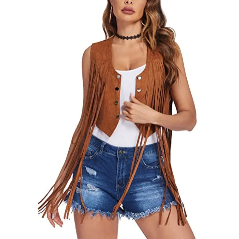 Vest Women Mid Length Tank Top Suede Frosted Tassel Fashion Vest