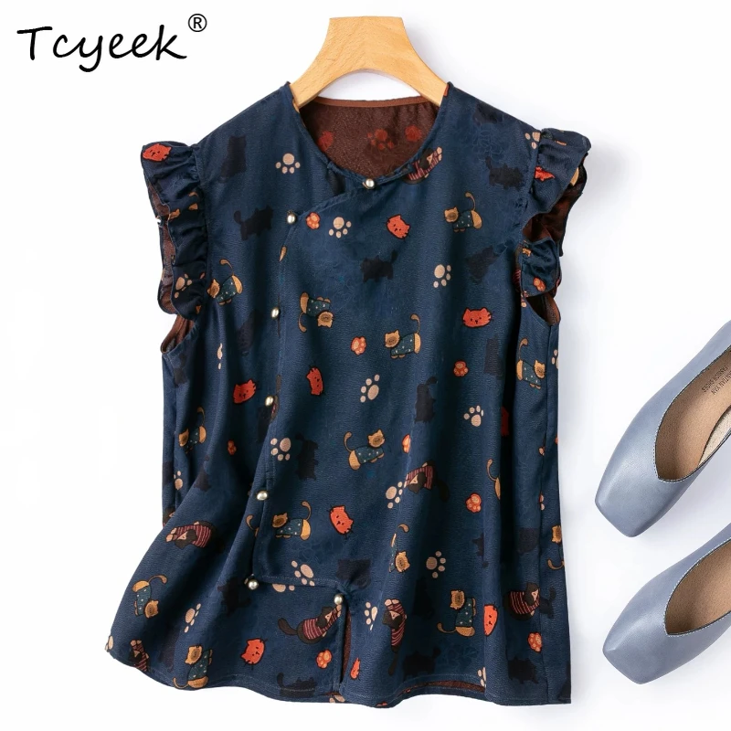 

Tcyeek 100% Real Silk Shirts for Women 2026 Summer Breathable Round-neck Ruffled Sleeve Printed Top Woman Clothing Ropa De Mujer