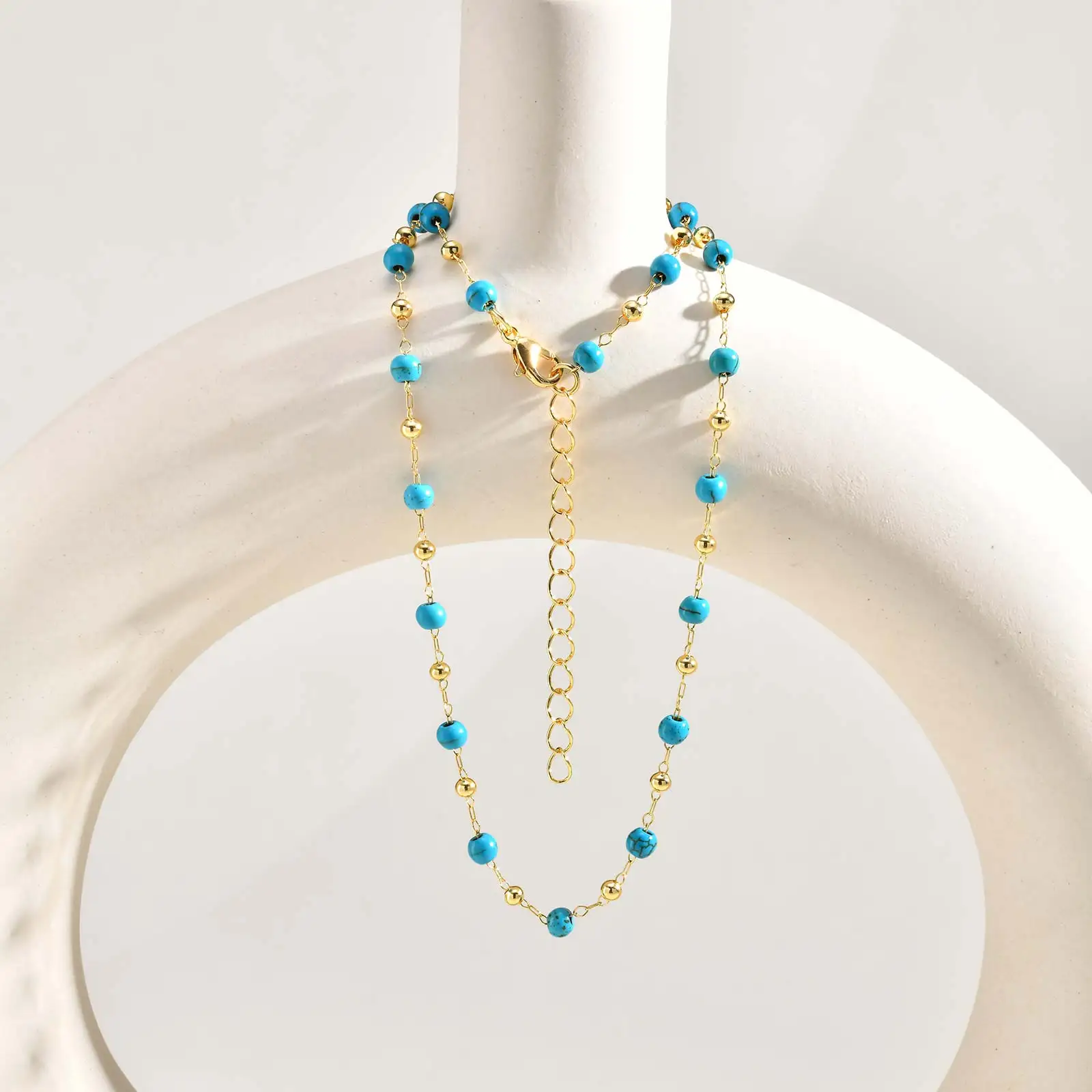 Vintage High Quality Blue Natural Stone Turquoise Beads Chain Necklace, Fashion Party Daily Neck Jewelry for Women Gift
