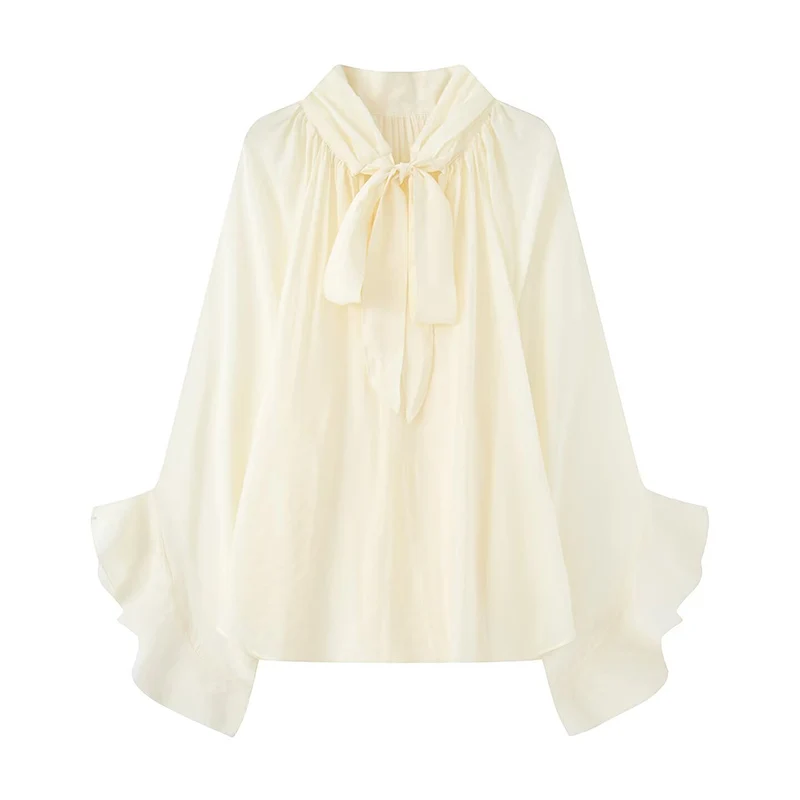 Perspective Women Shirt 2025 Autumn New Bow Tied Blouse Woman Tops Lady Ruffles Flare Sleeve Loose Elegant Blouses