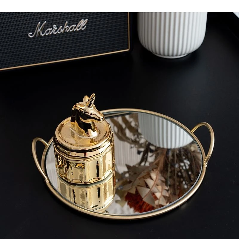 Brass Handle Storage Tray Mirror Soft Glass Gourmet Photo Plate Living Room Decorations Crafts Gift Home Decoration