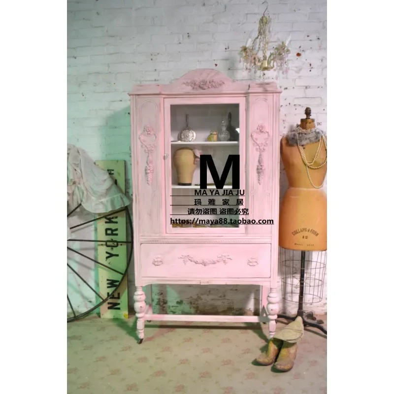 Old retro display cabinet pink French porcelain cabinet American carved solid wood dining side cabinet custom f1