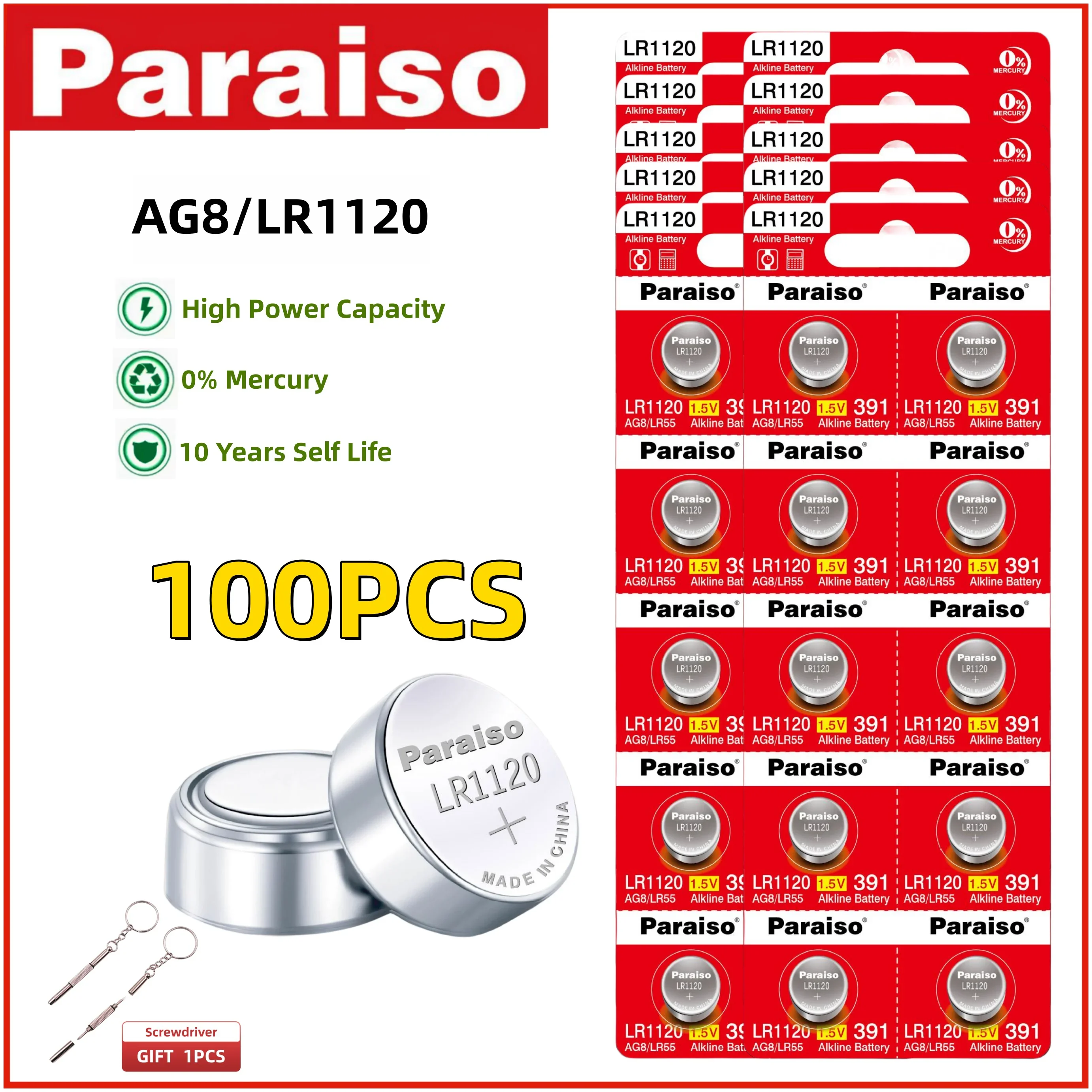 

Paraiso 4-100pcs LR1120 AG8 Button Cell Battery 10 Years Shelf Life 0% Mercury Alkaline Batteries for Watch Toys Remotes Cameras