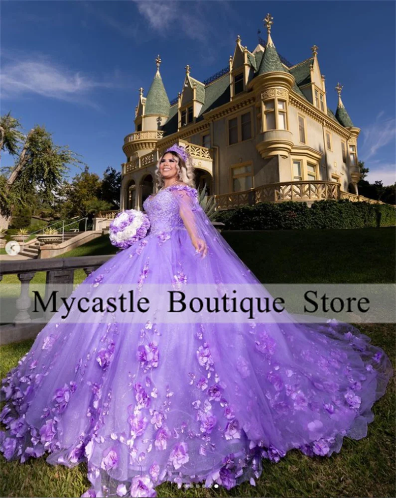 Light Purple 3D Flowers Ball Gown Quinceanera Dresses 2023 Off Shoulder Cloak Beaded Sweet 16 Dress Birthday Vestido De 15 Anos