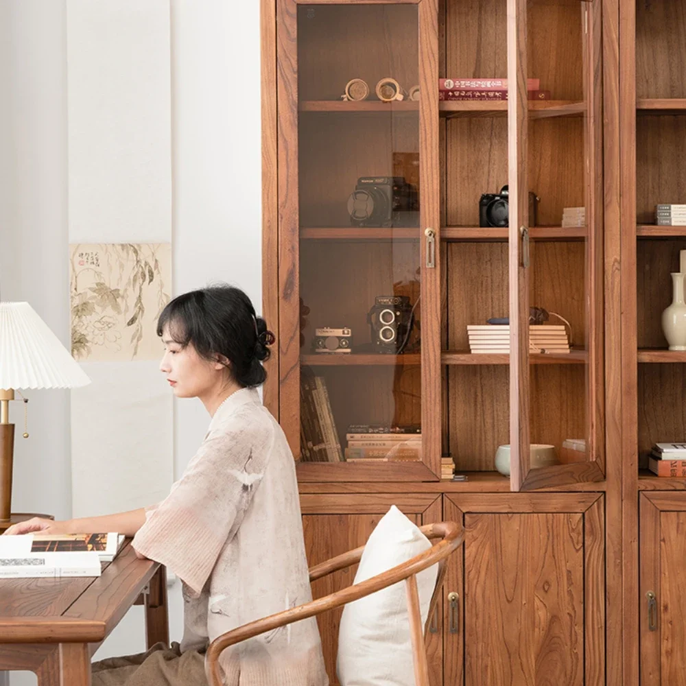 Solid Wood Bookcase Old Elm Floor Storage Bookshelf Glass Bookcase with Door