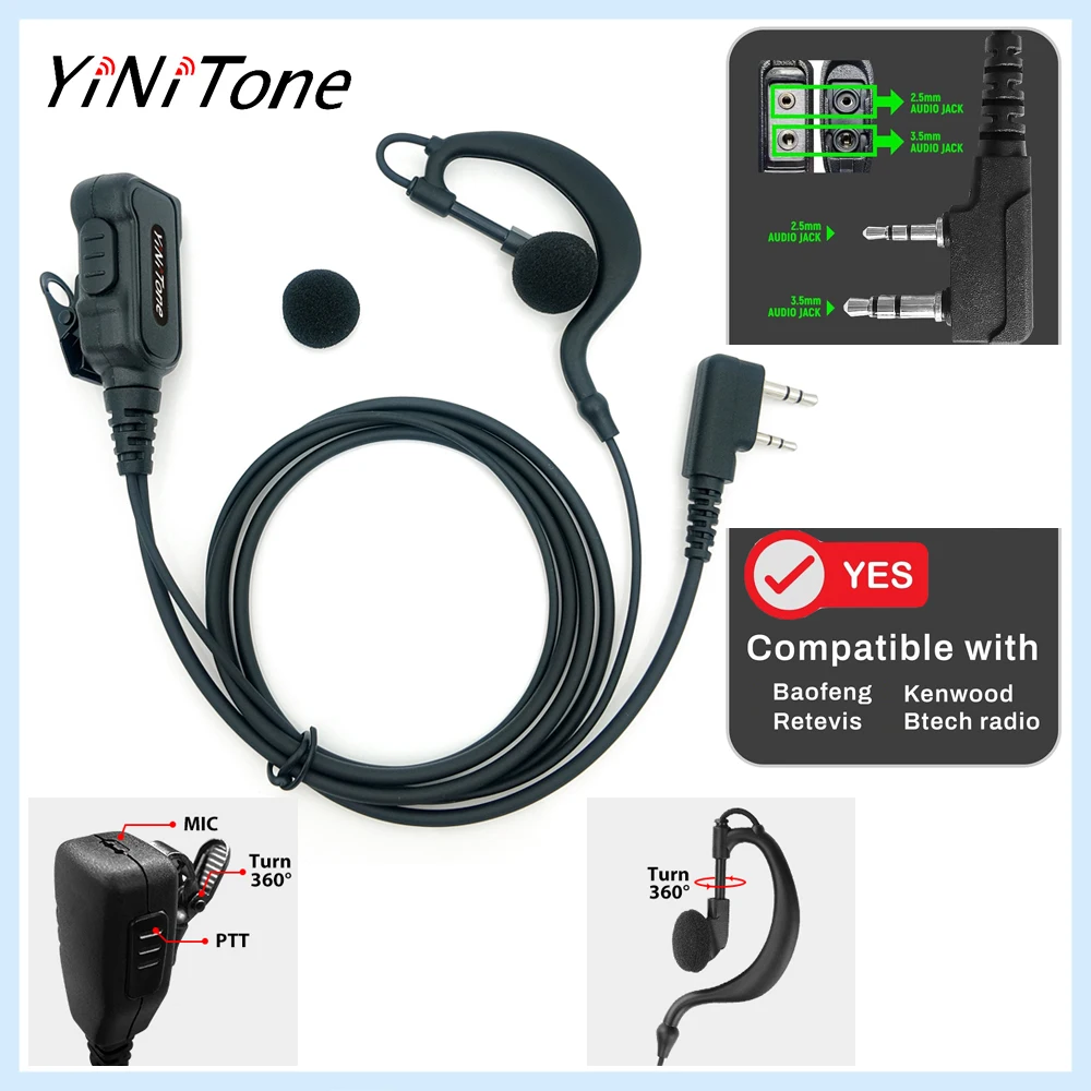 سماعة أذن YiNiTone EAP-1B على شكل حرف G مع PTT أسود، 2 دبوس لـ Kenwood TK-2107/3107 وBaoFeng UV-5R/888S