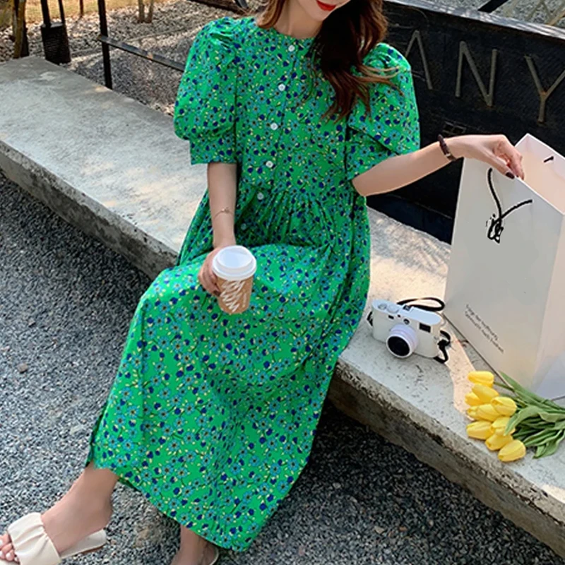 Summer Casual Vestidos Floral Print Dresses Ladies Short Sleeve Retro Long Dress Female 2023 M-4XL Loose Green Women Dress 15686