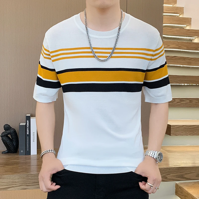 2024 Summer Ice Silk Knitted T-shirt for Men Short Sleeve Round Neck Casual T-shirt Slim Striped Business Social Tee Tops M-4XL