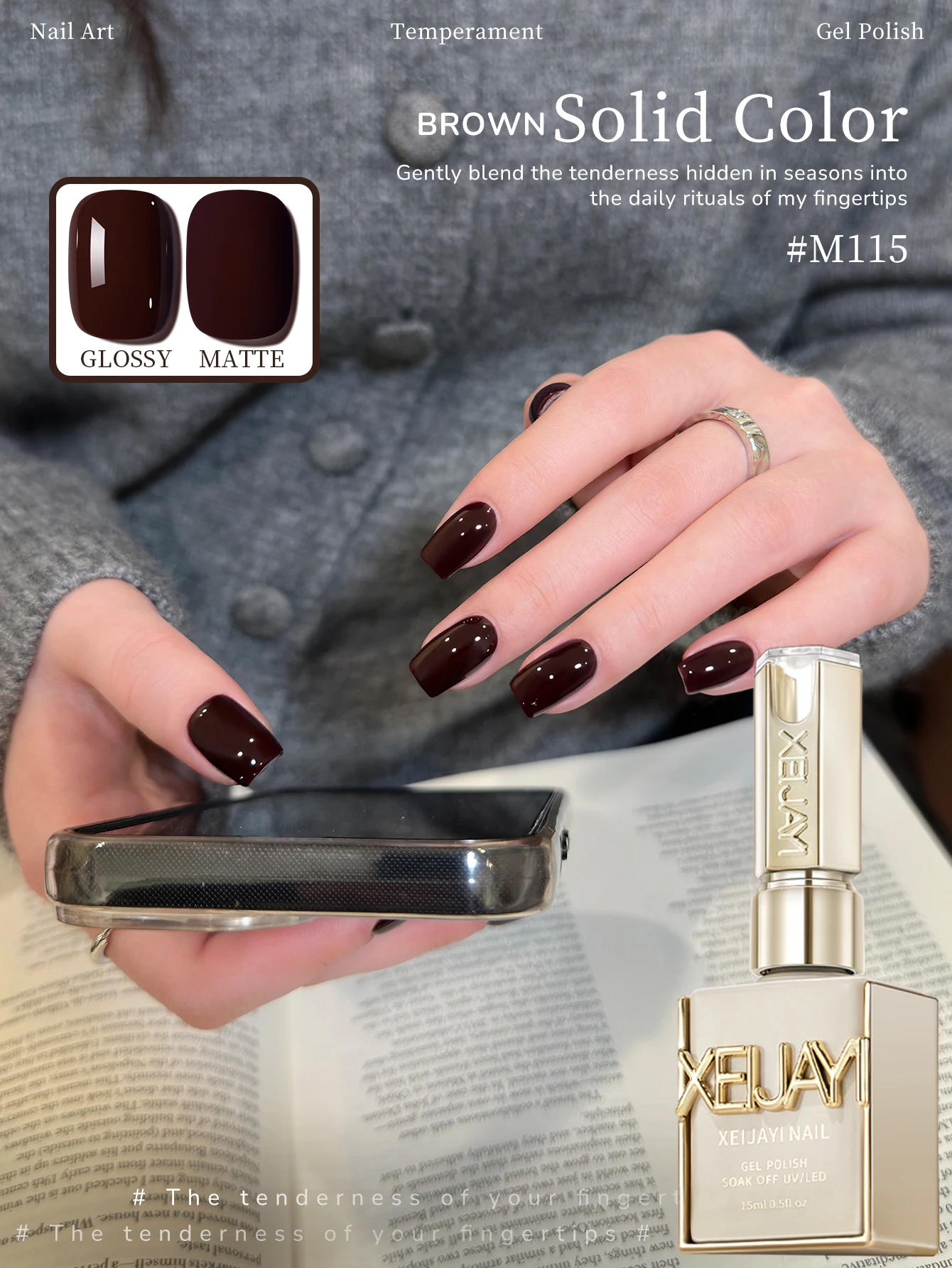 XEIJAYI 1Pc Brown Gel Nail Polish, Semi-Permanent Soak Off UV/LED Gel, Alcohol-Free Formula, Long-Lasting Manicure Gel for Women