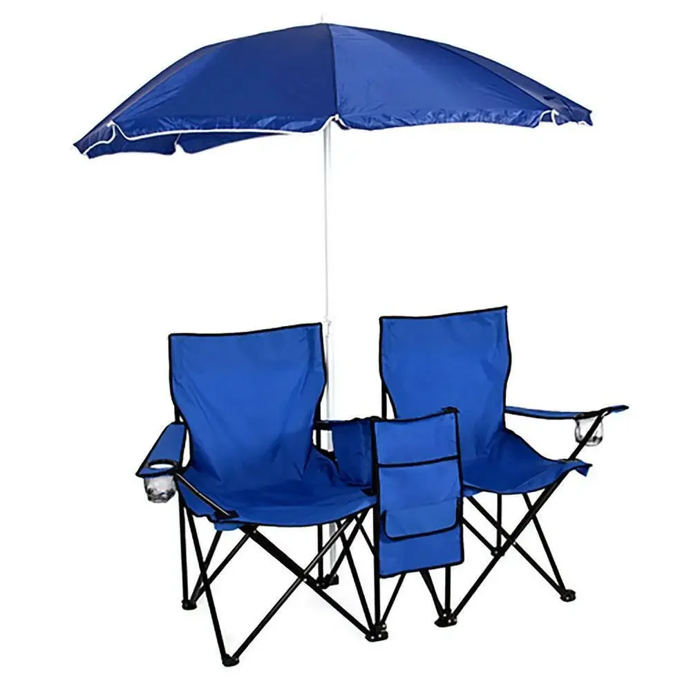 Dobrável Piquenique Praia Camping Cadeira Dupla e Mesa de Guarda-chuva, Refrigerador, Pesca, Dobre