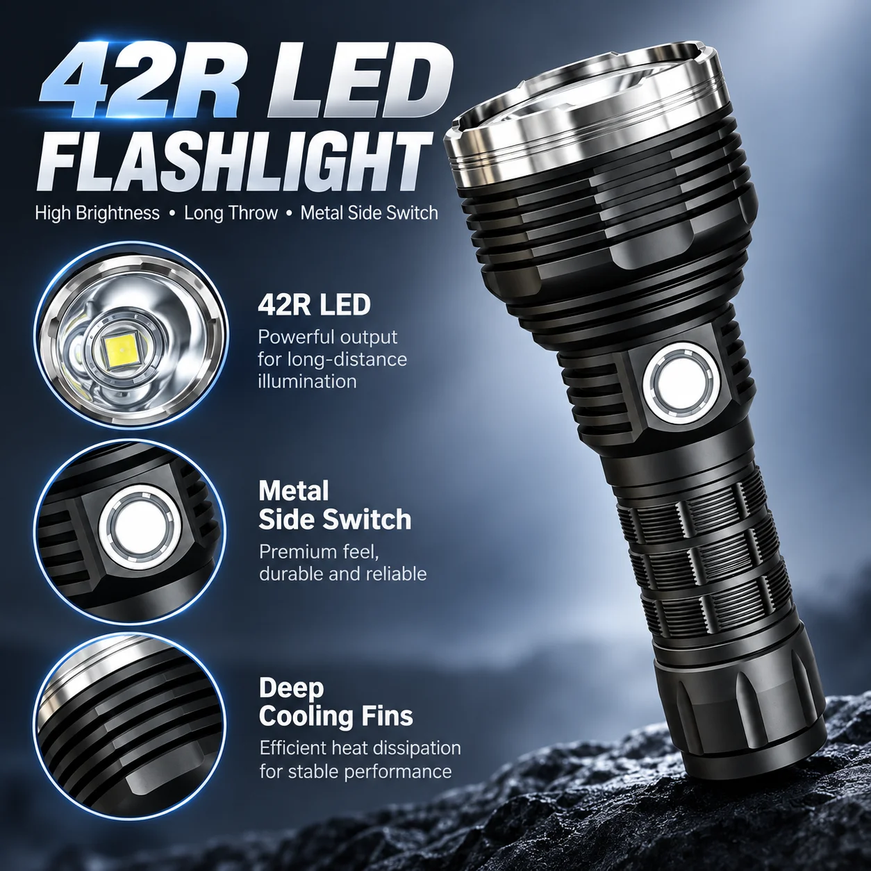 JKK90S 42R LED Beads High Brightness Flashlight Portable Handheld Torch for Camping Hiking Emergency Outdoor Use