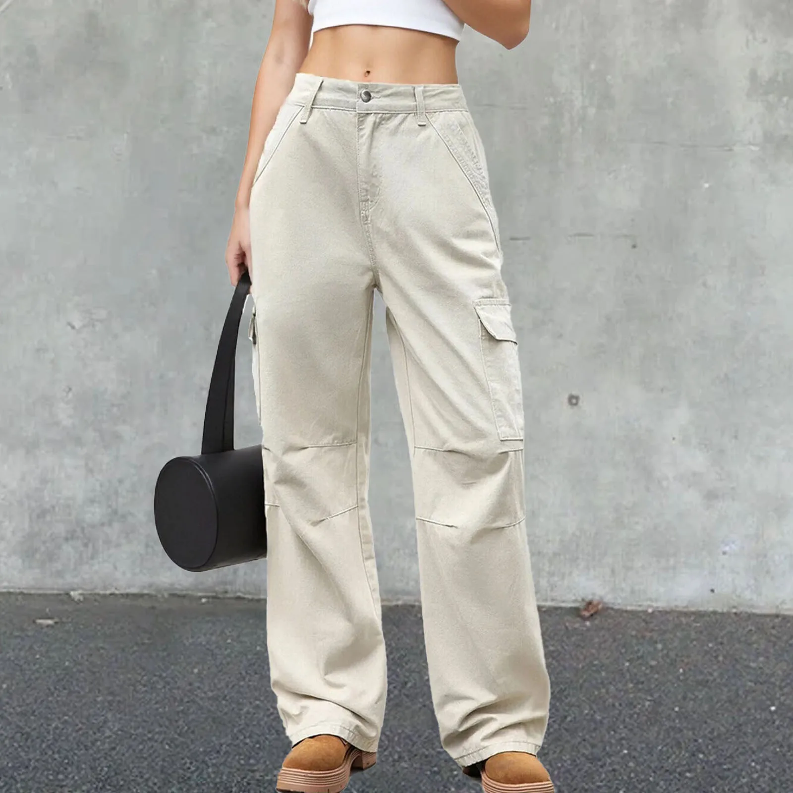 Women's Solid Cargo Denim Pants Lightweight Mid Waist Loose Wide Leg Jeans Trousers