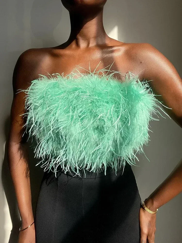 Fur Feather Strapless Tube Tops For Women Party Fashion Bustier Cute Top Y2k Club  New Sexy Mini Fluffy Corset Top